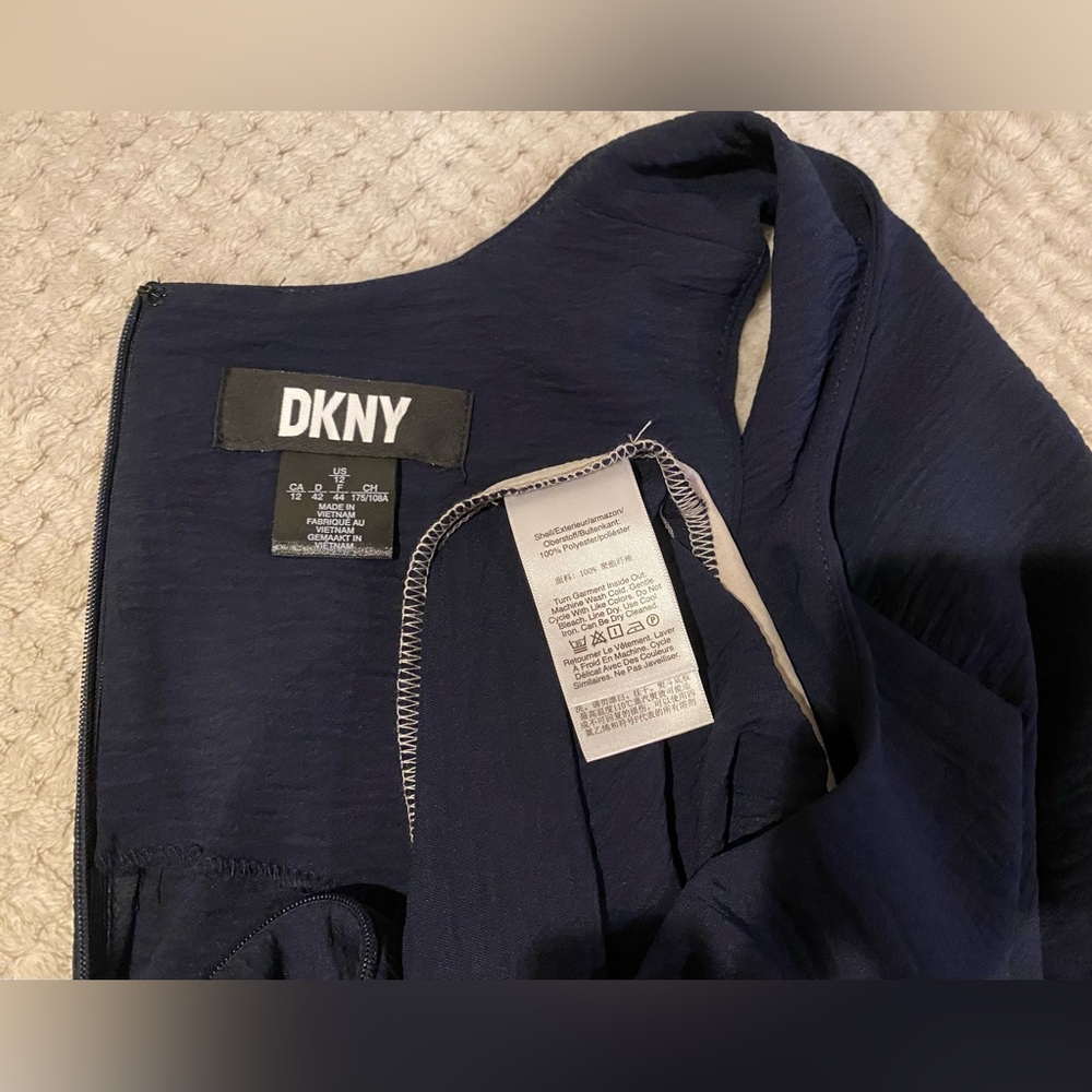 DKNY Women's Navy Blue & Cream Sleeveless Tie-Waist A-Line Midi Dress (Size 12) - Picture 7 of 14